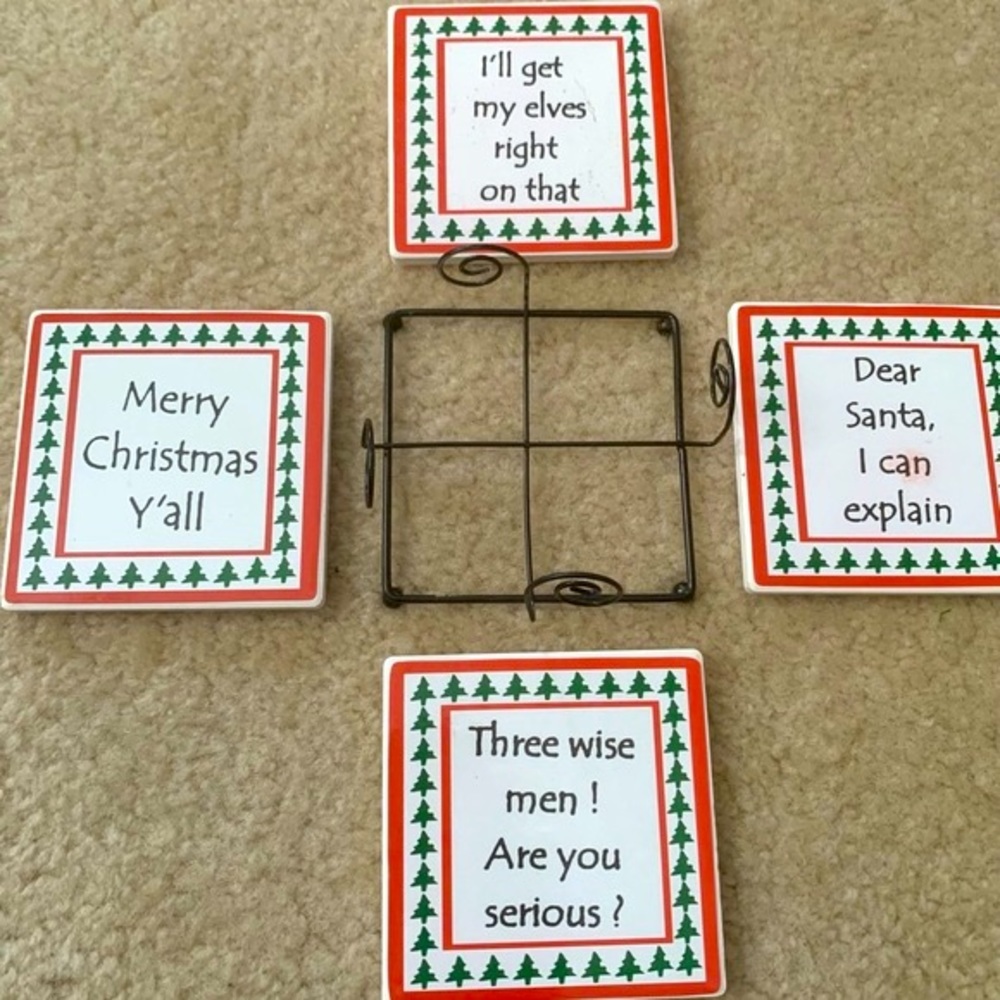 Christmas Themed Coasters And Metal Holder Set